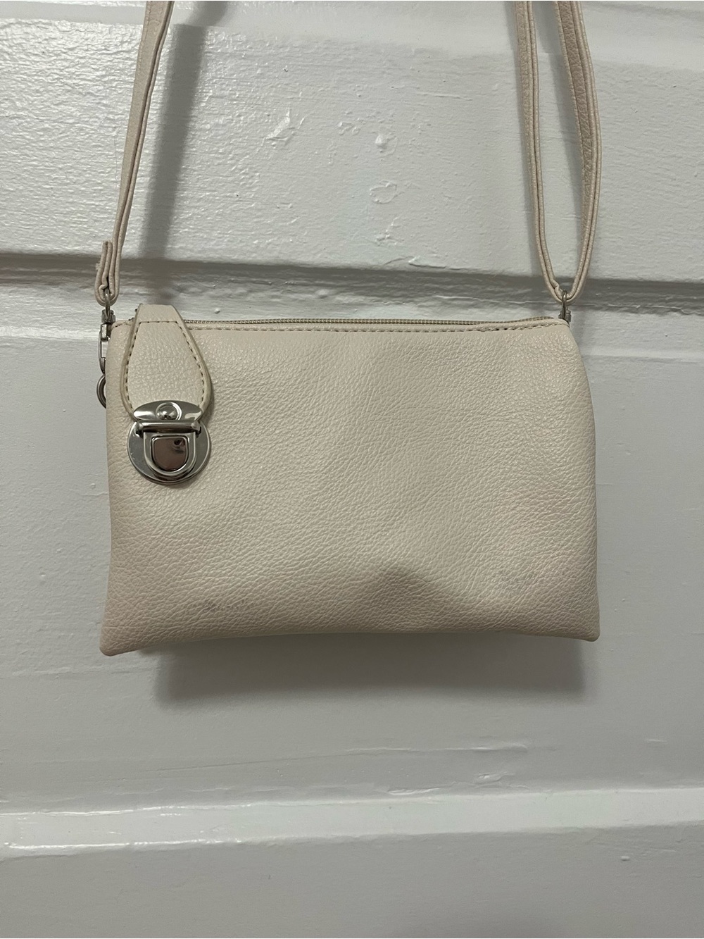 Cream Pebble Leather Crossbody Bag with Silver Hardware